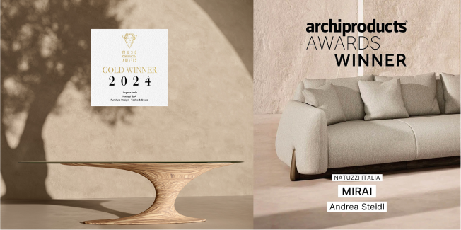 2024年ゴールド賞とarchiproducts AWARDSを受賞したMIRAIソファと曲線的な木製テーブル。アンドレア・ステイドルによるデザイン