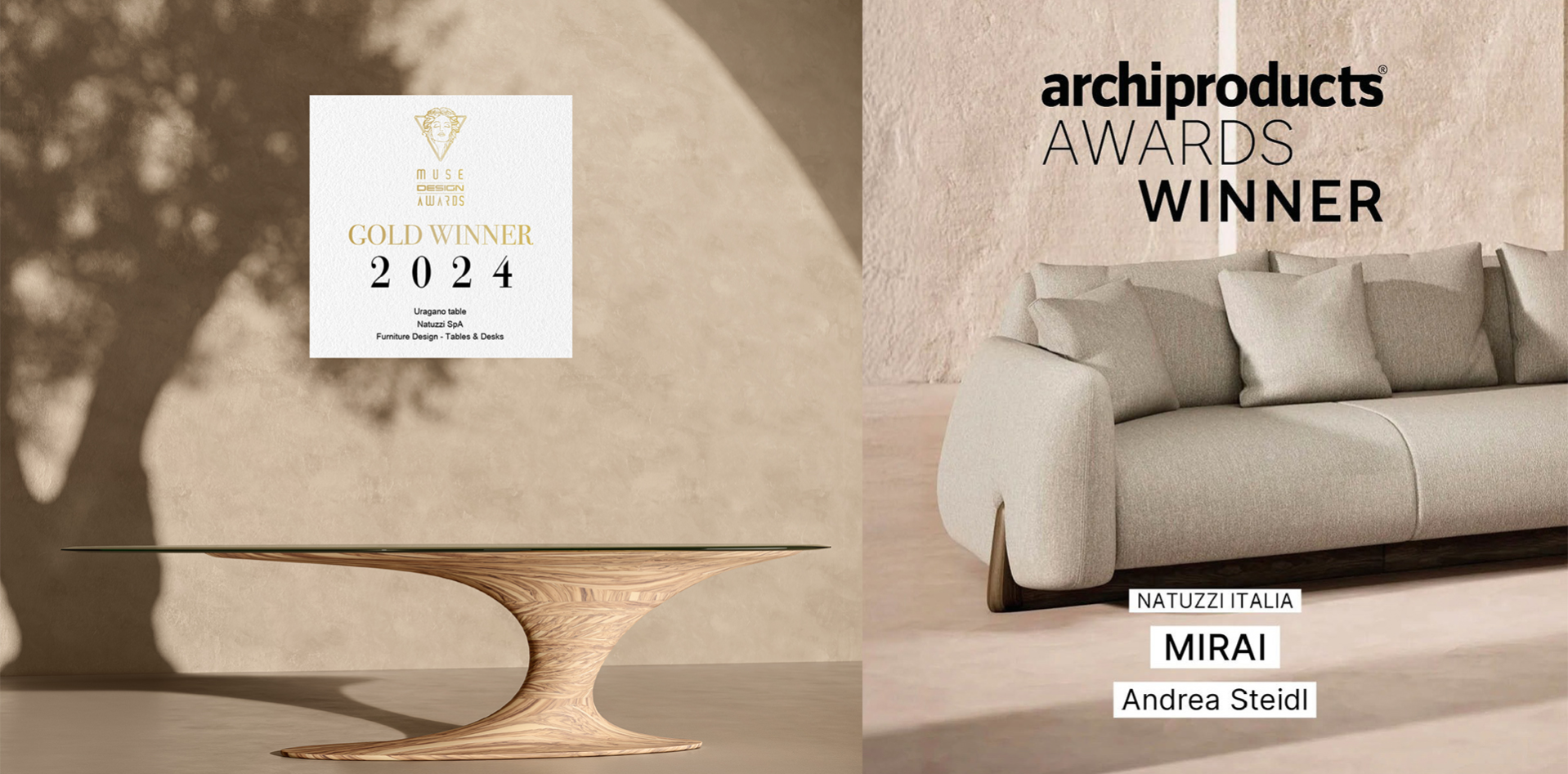 受賞デザイン家具の展示。左側は2024年Muse Design Gold Winnerを受賞したUngaroテーブル、右側はarchiproducts AWARDSを受賞したNatuzzi ItaliaのMIRAIソファ。両製品ともAndrea Steidlによるデザイン